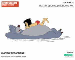 Baloo, Mowgli Floating - Disney's The Jungle Book - Embroidery Design in 3 sizes & 8 formats