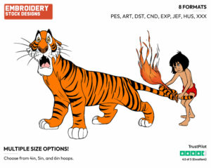 Mowgli Attaching Torch To Shere Khan's Tail - Disney's The Jungle Book - Embroidery Design in 3 sizes & 8 formats