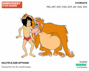 King Louie, Mowgli - Disney's The Jungle Book - Embroidery Design in 3 sizes & 8 formats