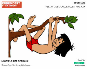 Mowgli Hanging From Branch - Disney's The Jungle Book - Embroidery Design in 3 sizes & 8 formats