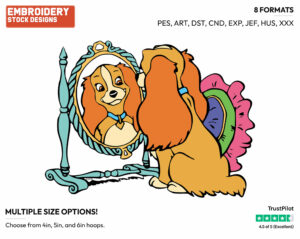 Lady Admiring Her New Collar In A Mirror - Disney's Lady and the Tramp - Embroidery Design in 3 sizes & 8 formats
