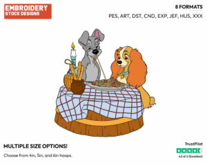 Lady, Tramp At Spaguetti Table - Disney's Lady and the Tramp - Embroidery Design in 3 sizes & 8 formats