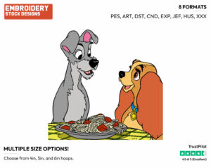 Lady, Tramp Sharing Spaguetti - Disney's Lady and the Tramp - Embroidery Design in 3 sizes & 8 formats