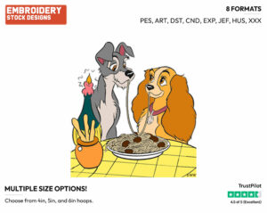 Lady, Tramp Sharing Spaguetti Noodle - Disney's Lady and the Tramp - Embroidery Design in 3 sizes & 8 formats
