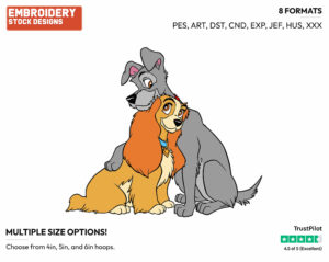 Lady, Tramp Hugging - Disney's Lady and the Tramp - Embroidery Design in 3 sizes & 8 formats