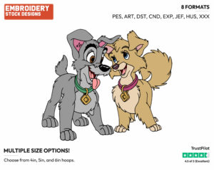 Scamp And Angel - Disney's Lady and the Tramp - Embroidery Design in 3 sizes & 8 formats