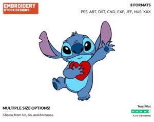 Stitch Holding A Heart - Disney's Lilo & Stitch - Embroidery Design in 3 sizes & 8 formats