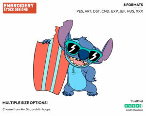 Stitch With His Surfboard - Disney's Lilo & Stitch - Embroidery Design in 3 sizes & 8 formats