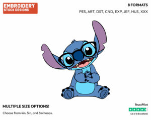 Stitch Wearing Glasses - Disney's Lilo & Stitch - Embroidery Design in 3 sizes & 8 formats