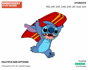 Stitch Running With Surfboard On The Beach - Disney's Lilo & Stitch - Embroidery Design in 3 sizes & 8 formats