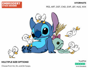 Stitch, Scrump Surrounded By Ducks - Disney's Lilo & Stitch - Embroidery Design in 3 sizes & 8 formats