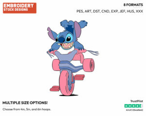 Stitch Riding Tricycle - Disney's Lilo & Stitch - Embroidery Design in 3 sizes & 8 formats