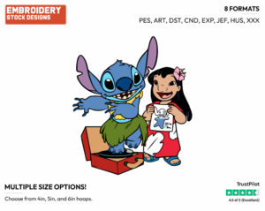 Stitch Hula Dancing On Record Player, Lilo With Her Drawing - Disney's Lilo & Stitch - Embroidery Design in 3 sizes & 8 formats