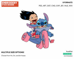 Lilo, Stitch Riding Tricycle - Disney's Lilo & Stitch - Embroidery Design in 3 sizes & 8 formats