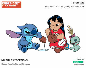 Lilo, Stitch Having Tea With Scrump - Disney's Lilo & Stitch - Embroidery Design in 3 sizes & 8 formats