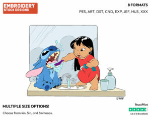 Lilo Brushing Stitch's Teeth - Disney's Lilo & Stitch - Embroidery Design in 3 sizes & 8 formats