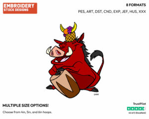 Pumbaa Beating Drum - Disney's The Lion King - Embroidery Design in 3 sizes & 8 formats