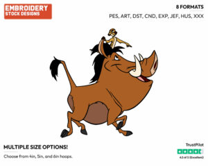 Timon Riding Pumbaa - Disney's The Lion King - Embroidery Design in 3 sizes & 8 formats