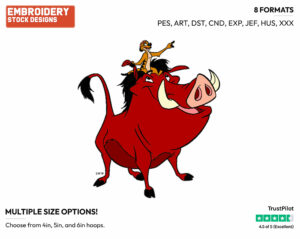 Timon Riding Pumbaa - Disney's The Lion King - Embroidery Design in 3 sizes & 8 formats