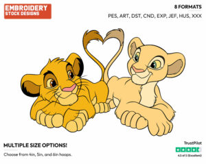Young Simba, Nala With Tails Forming A Heart - Disney's The Lion King - Embroidery Design in 3 sizes & 8 formats