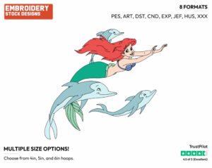 Ariel Swimming With Dolphins - Disney's The Little Mermaid - Embroidery Design in 3 sizes & 8 formats