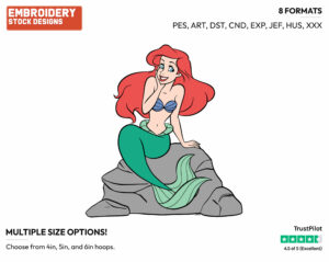 Ariel Sitting On A Rock - Disney's The Little Mermaid - Embroidery Design in 3 sizes & 8 formats