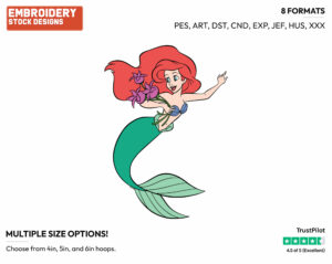 Ariel Holding A Bouquet Of Flowers - Disney's The Little Mermaid - Embroidery Design in 3 sizes & 8 formats