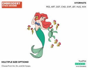 Ariel With Sea Turtle And Seahorses - Disney's The Little Mermaid - Embroidery Design in 3 sizes & 8 formats