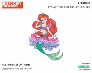 Ariel In A Pretty Dress With Flowers - Disney's The Little Mermaid - Embroidery Design in 3 sizes & 8 formats