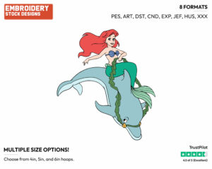 Ariel Riding A Dolphin - Disney's The Little Mermaid - Embroidery Design in 3 sizes & 8 formats
