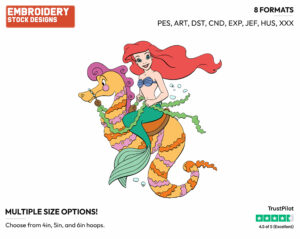 Ariel Riding Seahorse - Disney's The Little Mermaid - Embroidery Design in 3 sizes & 8 formats