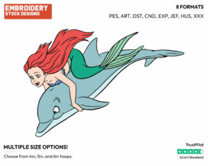 Ariel Riding Dolphin - Disney's The Little Mermaid - Embroidery Design in 3 sizes & 8 formats