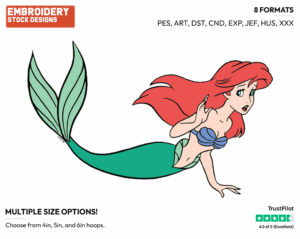 Ariel Swimming - Disney's The Little Mermaid - Embroidery Design in 3 sizes & 8 formats