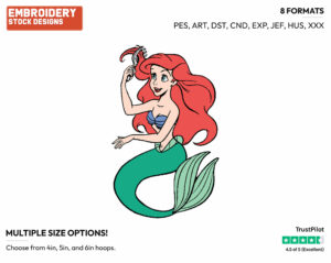 Ariel Combing Hair With Fork - Disney's The Little Mermaid - Embroidery Design in 3 sizes & 8 formats