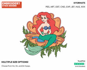 Ariel Sitting In Shell - Disney's The Little Mermaid - Embroidery Design in 3 sizes & 8 formats