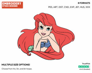 Ariel Resting Chin On Hands - Disney's The Little Mermaid - Embroidery Design in 3 sizes & 8 formats