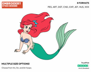 Ariel With Flower In Her Hair - Disney's The Little Mermaid - Embroidery Design in 3 sizes & 8 formats