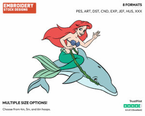 Ariel Riding Dolphin - Disney's The Little Mermaid - Embroidery Design in 3 sizes & 8 formats