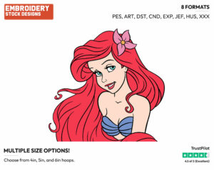 Ariel With Flower In Her Hair - Disney's The Little Mermaid - Embroidery Design in 3 sizes & 8 formats