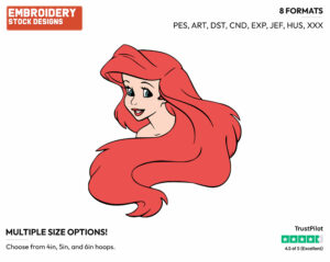 Ariel's Face - Disney's The Little Mermaid - Embroidery Design in 3 sizes & 8 formats