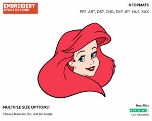 Ariel's Face - Disney's The Little Mermaid - Embroidery Design in 3 sizes & 8 formats