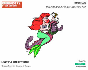 Ariel Riding Seahorse - Disney's The Little Mermaid - Embroidery Design in 3 sizes & 8 formats