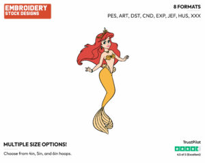 Ariel In Gold - Disney's The Little Mermaid - Embroidery Design in 3 sizes & 8 formats