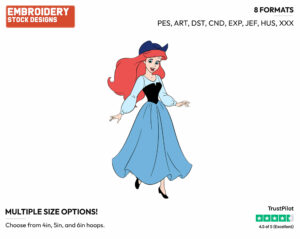 Ariel In Blue Dress With Hat - Disney's The Little Mermaid - Embroidery Design in 3 sizes & 8 formats
