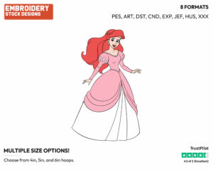Ariel In Her Pink Dress - Disney's The Little Mermaid - Embroidery Design in 3 sizes & 8 formats
