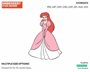 Ariel Wearing Her Pink Dress - Disney's The Little Mermaid - Embroidery Design in 3 sizes & 8 formats
