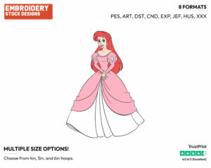Ariel In Pink Dress - Disney's The Little Mermaid - Embroidery Design in 3 sizes & 8 formats