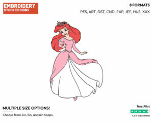 Ariel In Pink Dress - Disney's The Little Mermaid - Embroidery Design in 3 sizes & 8 formats