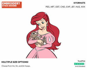 Ariel In Pink Dress, Rabbit - Disney's The Little Mermaid - Embroidery Design in 3 sizes & 8 formats