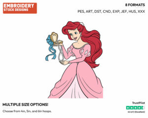 Ariel In Pink Dress - Disney's The Little Mermaid - Embroidery Design in 3 sizes & 8 formats